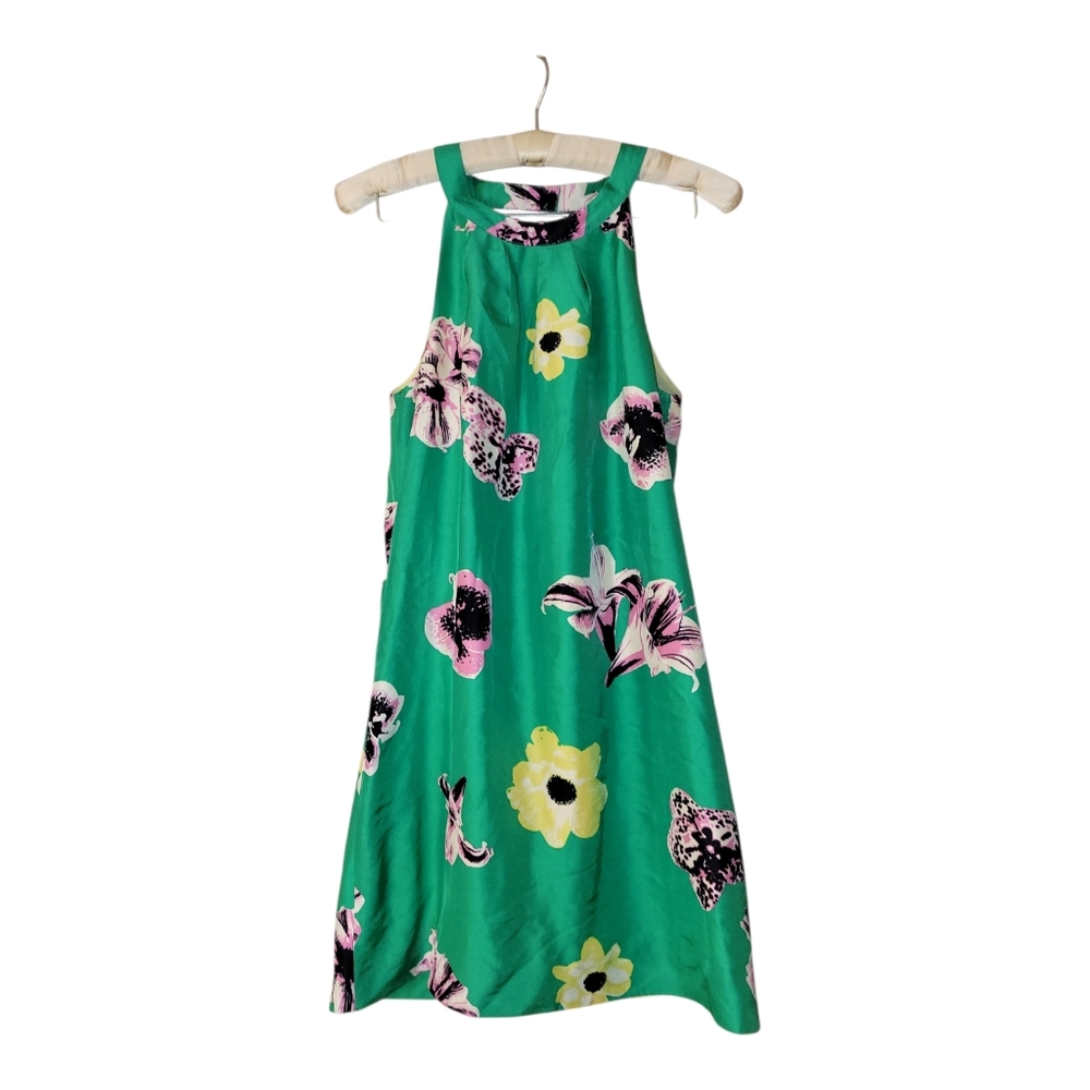 100% Silk Green Floral Garden Party Summer Tea Dress Size 0 Retro Flowers